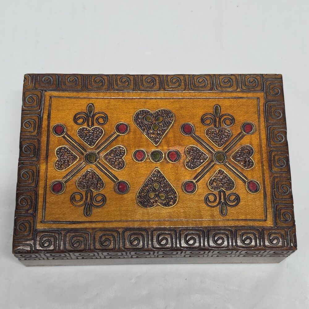 VTG Polish Wooden Trinket Box Handmade Pyrography Inlayed Brass Folk Art Hearts